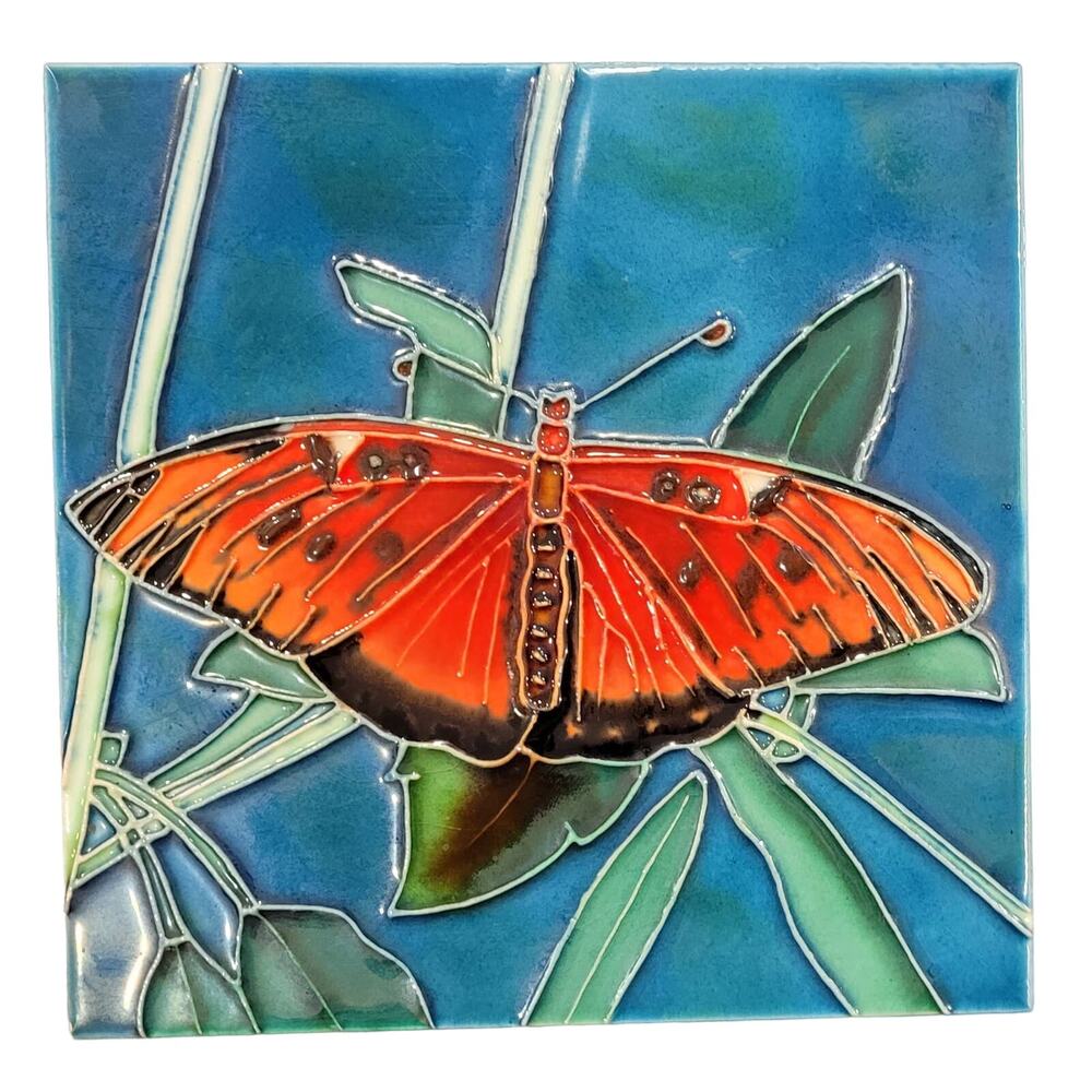 Orange Butterfly hand painted ceramic art tile trivet 6 x 6 inches